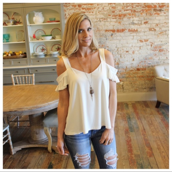 LAST ONE! Off White Cold Shoulder Ruffle Tunic - Picture 2 of 3